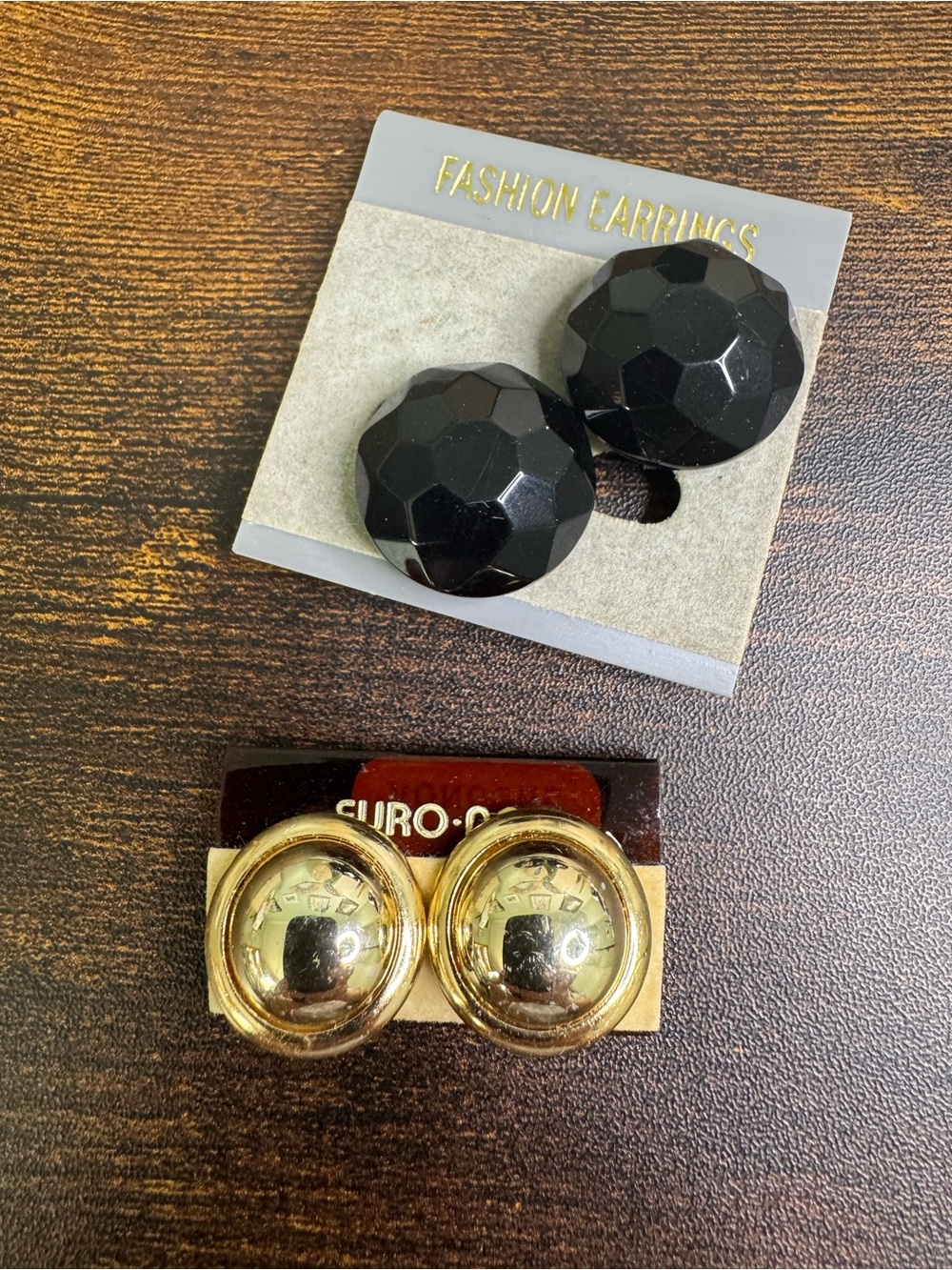 Vintage Black Faceted Studs and Gold Dome Clip-On Earrings - New Old Stock